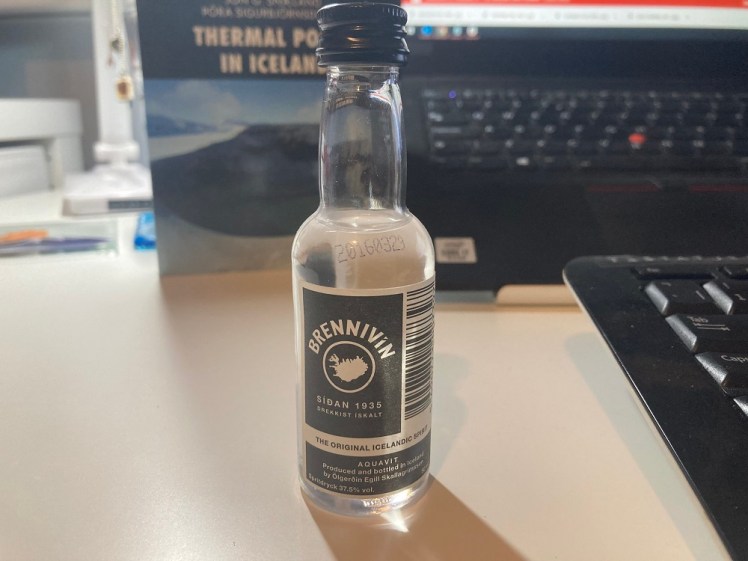 My out-of-date plane-sized bottle of Brennivín