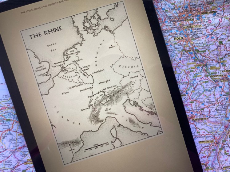 The Rhine on my tablet, open to the sketch map before the book gets started, still lying on my paper map.