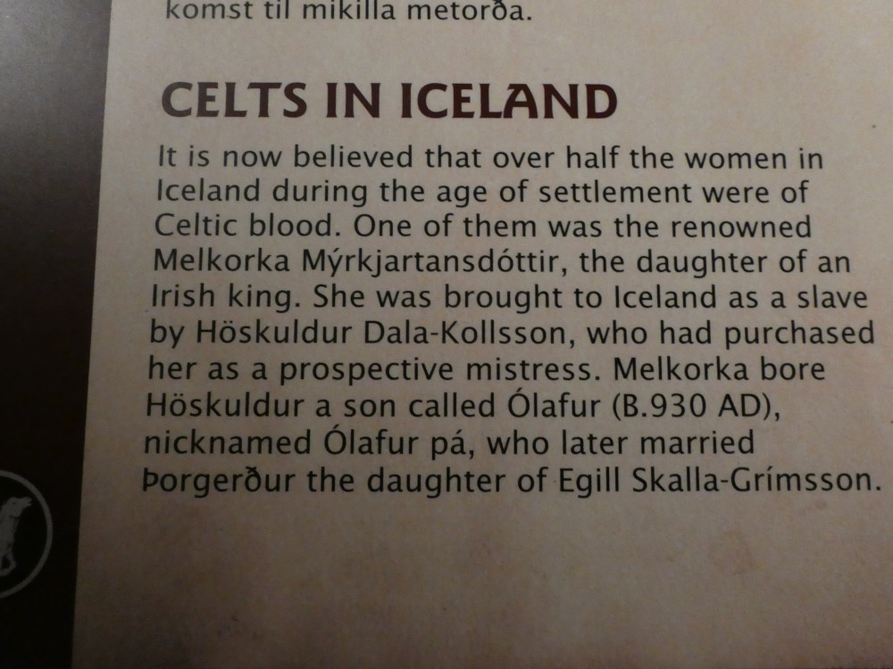 An information board about Melkorka Mýrkjartansdóttir, daughter of an Irish king.