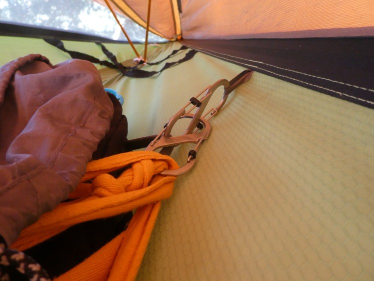 Karabiners holding my luggage up the side of my tent