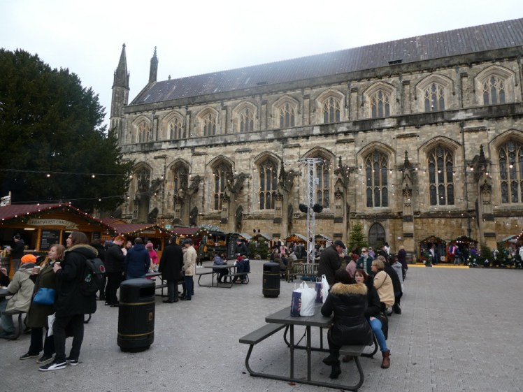 Winchester Christmas market food court with the cathedral in the background