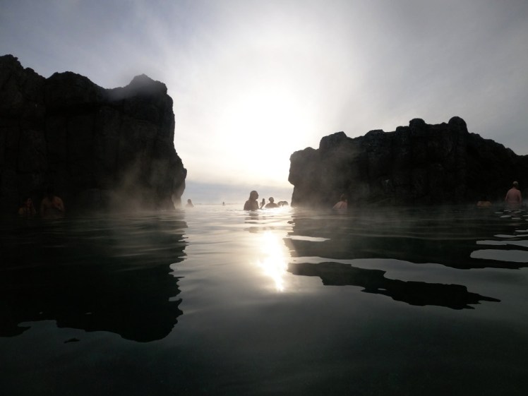 The late sun shining through the gap in the canyon where the cliff maze opens up into the open lagoon as you arrive.