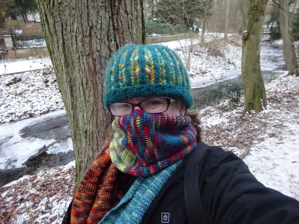 A selfie in the woods with a frozen stream behind me. I'm wearing a green woolly brioche hat and a circular scarf in four sections of different colours which is pulled up over my nose.