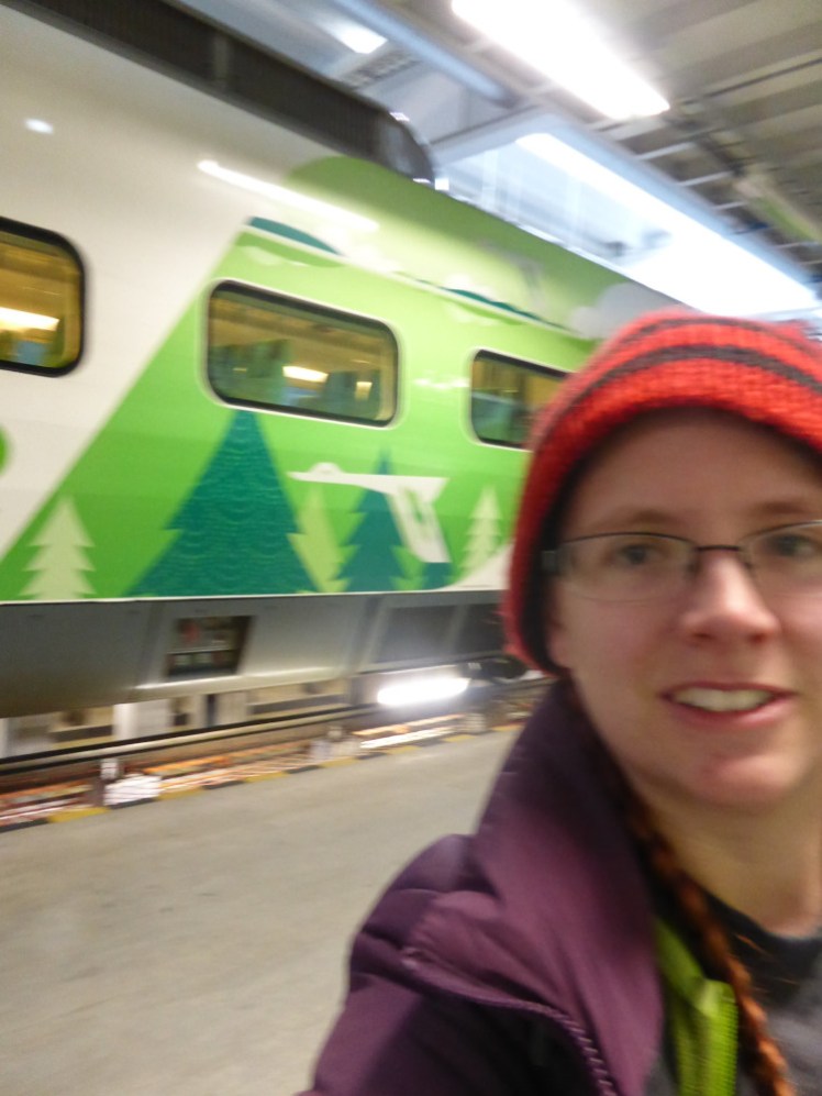 My favourite blurry selfie in the Pasila rail depot. I'm wearing my red and black striped hat, a purple puffy coat and a green fleece underneath. Behind me is a train with a green forest decal down the side. We're in a giant shed.