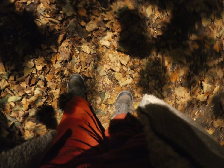 My feet, off-red cord trousers and suede poncho walking through the leaves under a streetlight