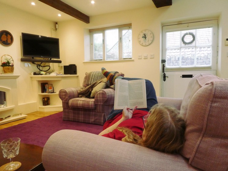 A really obviously staged picture of me lying on the sofa reading a book