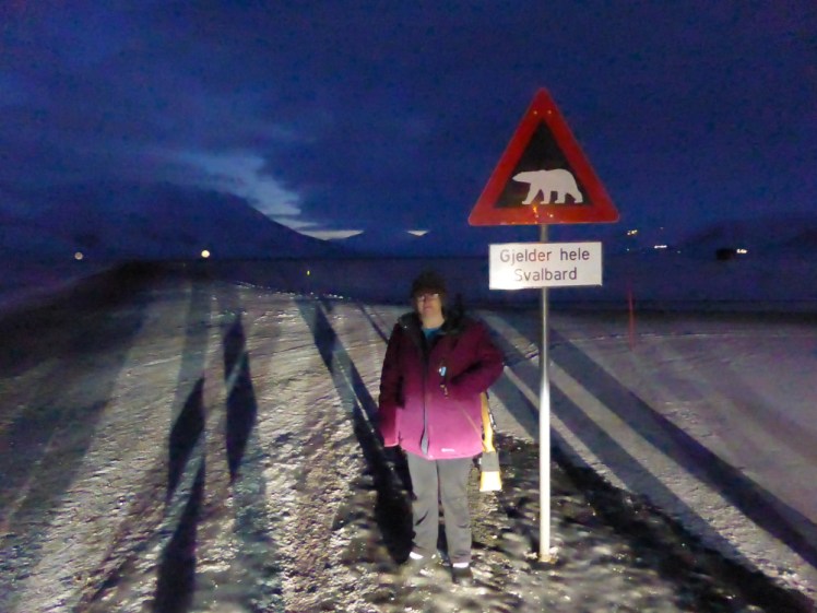 Me in a purple coat standing by a "bears everywhere!" sign carrying a rifle over my shoulder. I look as unhappy about touching this gun as I feel. Behind me, the sky is fairly dark blue but there are gaps in the cloud that show paler sky behind. The photo is blurry because my camera doesn't like taking photos in dark conditions.