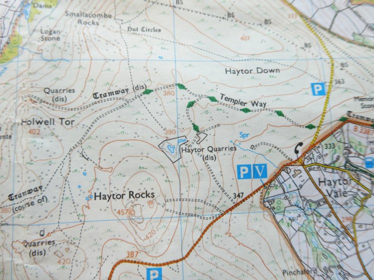 Close-up of the area around Haytor, showing various different paths and tracks.