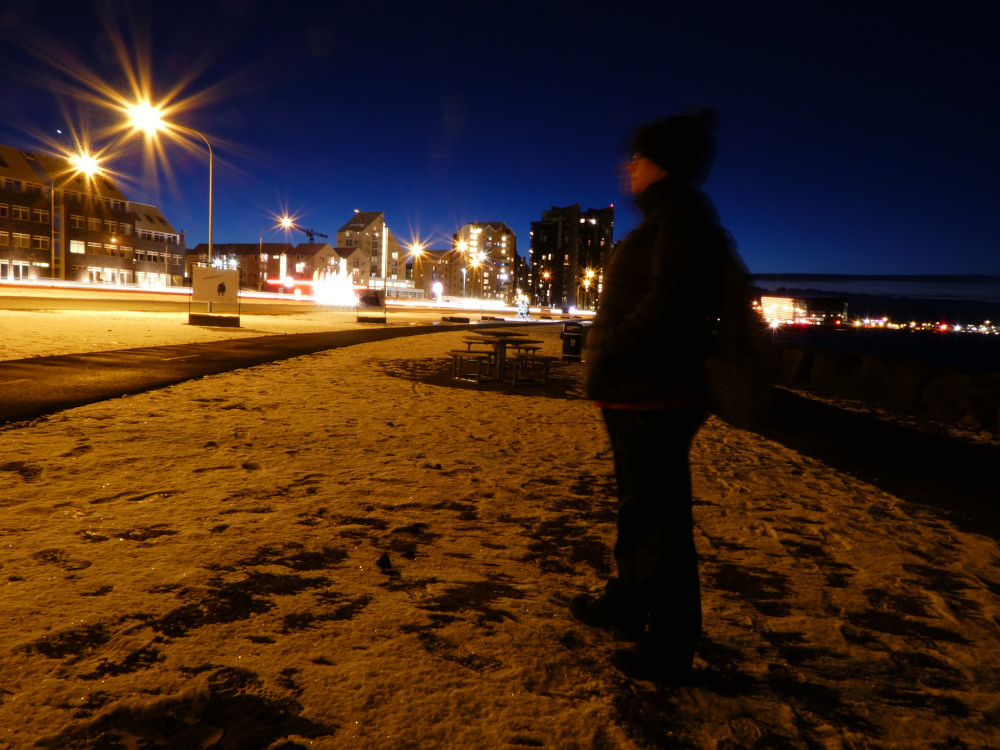 A slightly blurry long-exposure picture of me standing on the streets of Reykjavik in the dark. In fact, being winter, this is only 7 or 8pm.