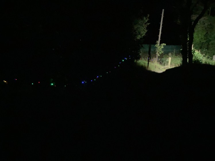 The fairy-lit path down from the camping field to the bathroom block