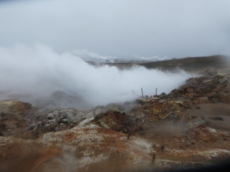 Gunnuhver, a huge natural steam vent which has visibly eaten the boardwalk that used to go past it.