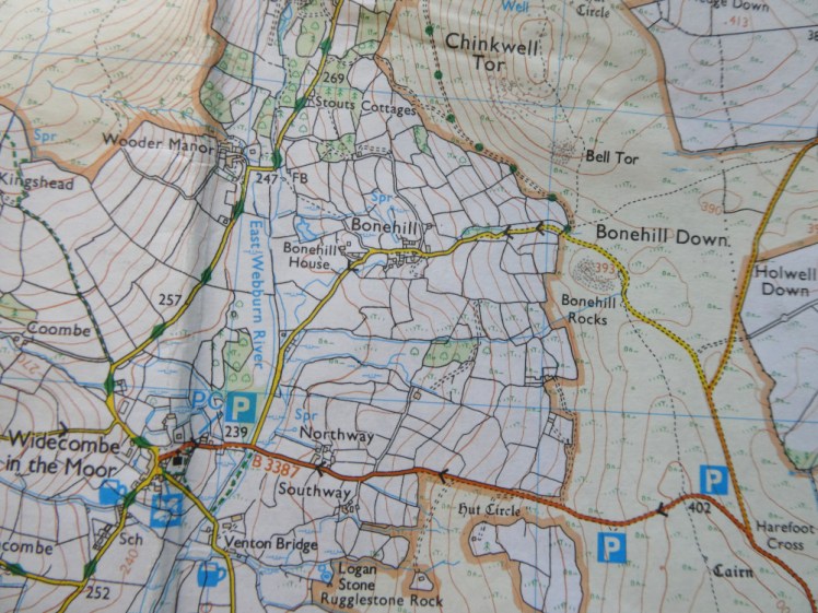 Two patches of orange-yellow open access land separated by private land which is patchworked with fields.