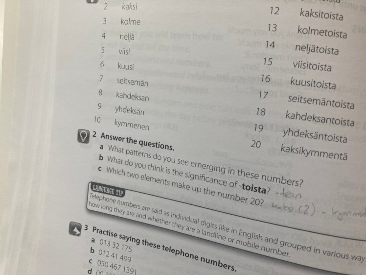 Part of a page from the textbook showing the numbers from 1 to 20 with some questions underneath to make you understand how the number words are formed.