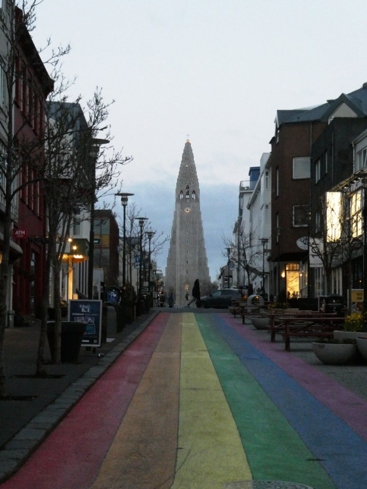 Looking up Skólavörðustígur, the rainbow street, towards Hallgrimskirkja.