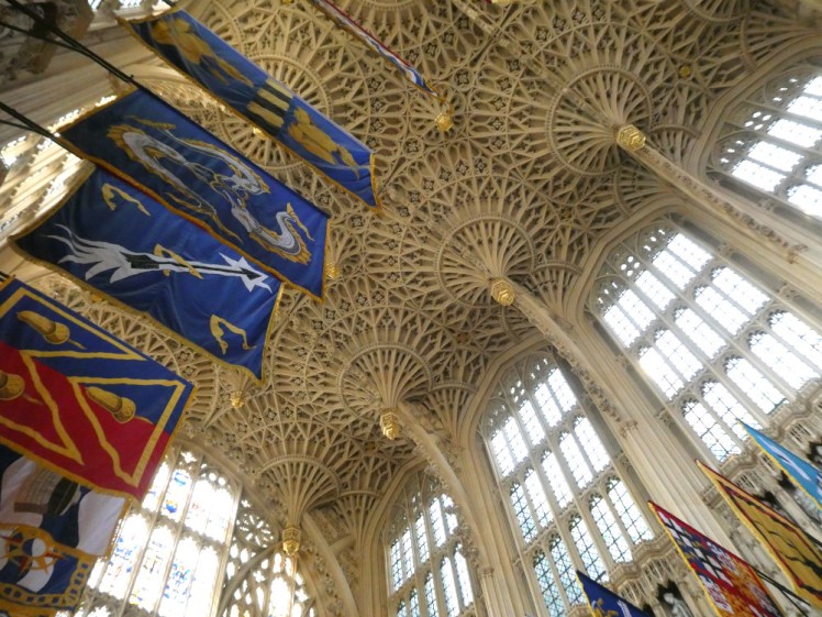 The ceiling of the Lady Chapel, intricate fans of yellowish-white stone that looks like lace.
