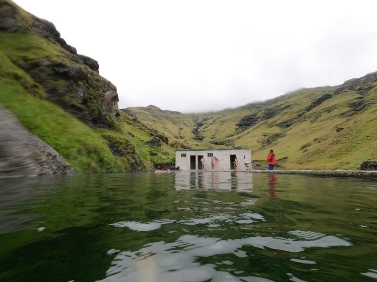 Seljavallalaug, an outdoor pool full of green water surrounded by green mountains.