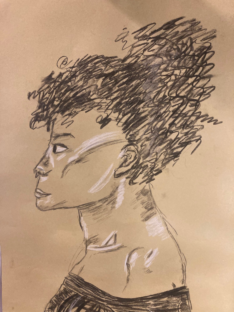 The same woman, this time from the side. This picture is in charcoal and chalk and is much more confident, with shades and highlights. Ziggi's face is an unnatural shape and her neck is far too thick but it's better than the first one.