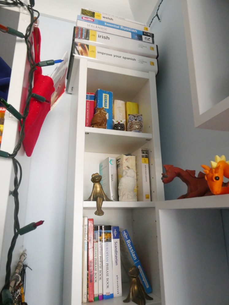 The top few shelves of an Ikea CD rack. On top is a little pile of Teach Yourself books and CDs, then there are two shelves of tiny dictionaries and last is a shelf of phrasebooks.