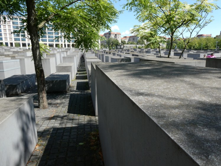 The Memorial to the Murdered Jews of Europe, a huge patch of concrete blocks of various heights, on a piece of undulating land.