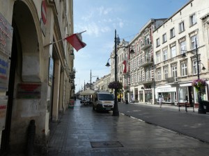 Piotrkowska, the longest street in Łódź, probably in Poland and probably beyond that. It's a street of mostly 19th century decorative houses, a stark contrast to the rest of Łódź, which seems to vary between red brick industrial and plain dismal industrial.
