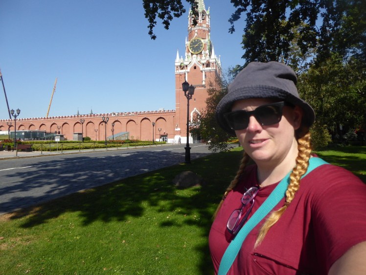 Slightly concerned selfie with the closed Spasskaya Tower Gate rendering me trapped within the Kremlin