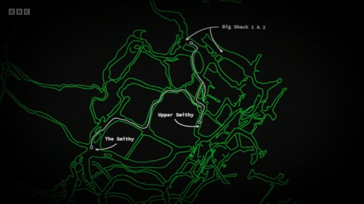 A section of the Cwm Dwr cave survey in lime "danger" green, with Big Shack 1 and 2, the Smithy and the Upper Smithy lit and marked in white and with a line showing how you get between them.