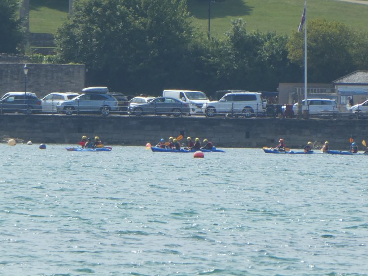 A group of paddlers in the distance, out in blue double sit-on-top kayaks.