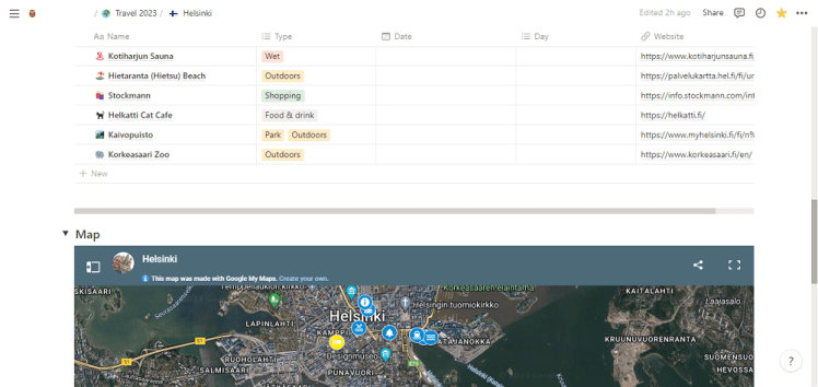 Some of my Helsinki planning. A Notion page, showing the bottom part of a table with various ideas, categorised by type. At the bottom, you can see part of a map of Helsinki, scattered with blue pins.