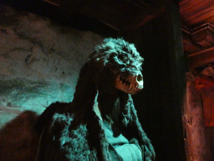 A skull, possible a horse's although it has big fangs, draped in a mangy fur of some kind and made especially creepy by a greenish light shone on it.