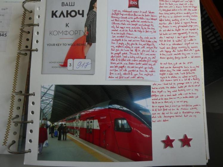 Another page of my first day. In the bottom corner is a photo of the Aeroexpress train. At the top is the card they give you to hold your room key at a hotel. Next to it is more red-pen writing on Ibis hotel paper and then a column of text squeezed onto the paper itself.