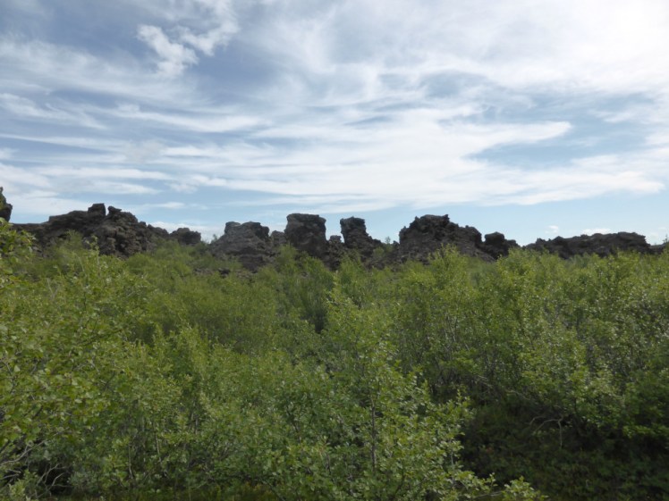 What looks like a entire street of rocky chimney stacks poking out of a thick birch forest. This is the misshapen lava chaos of Dimmuborgir.