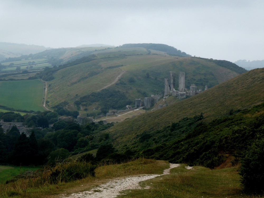 Corfe Castle from the western hill. From this angle, the ruined castle seems to be nestled in the middle of the hill.