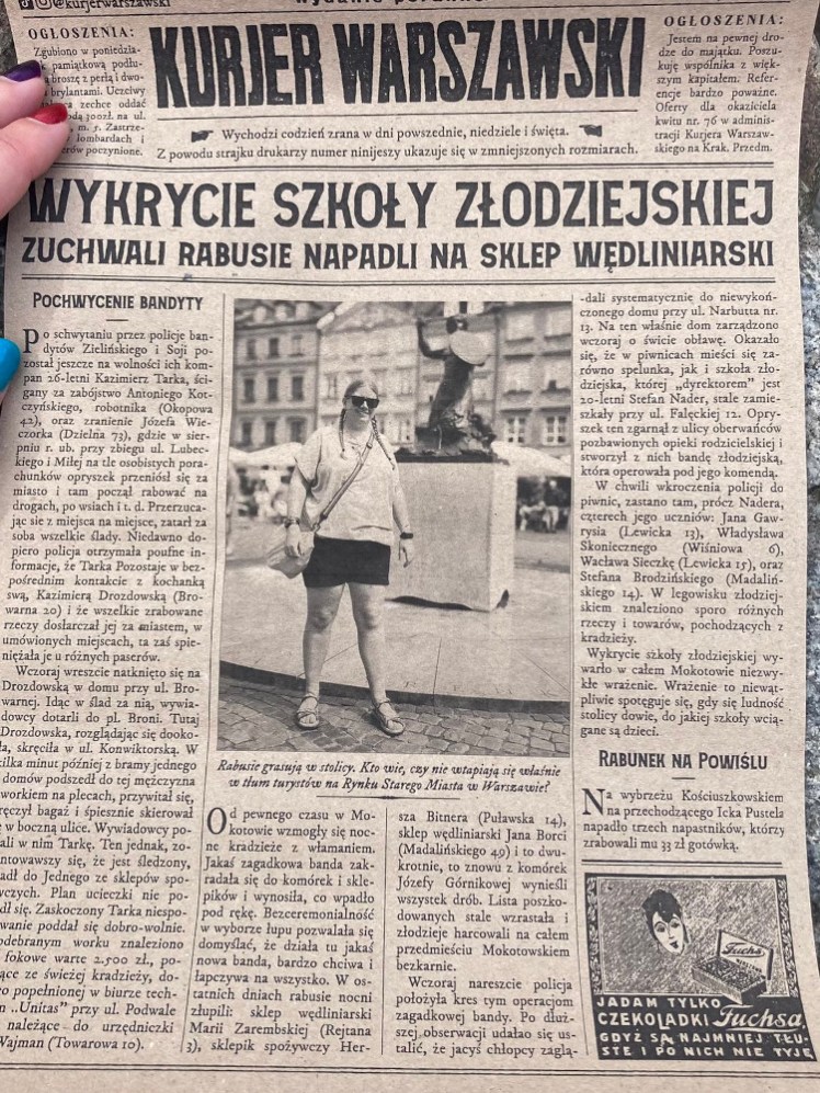 A fake newspaper in sepia with me standing in front of the fountain in the middle of the Polish text.