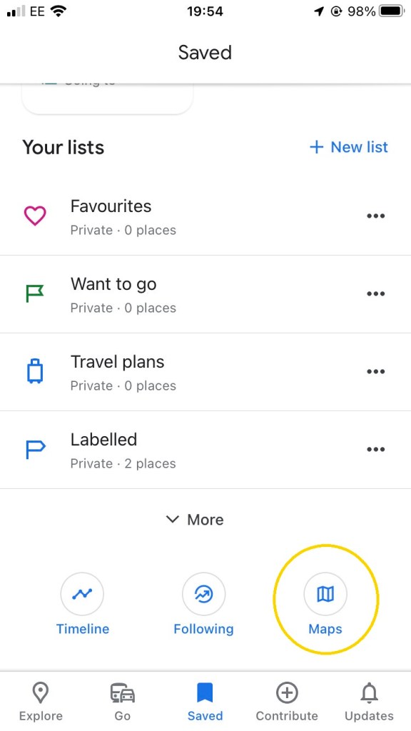 The Google Maps app Saved menu, with the Maps icon circled in yellow.