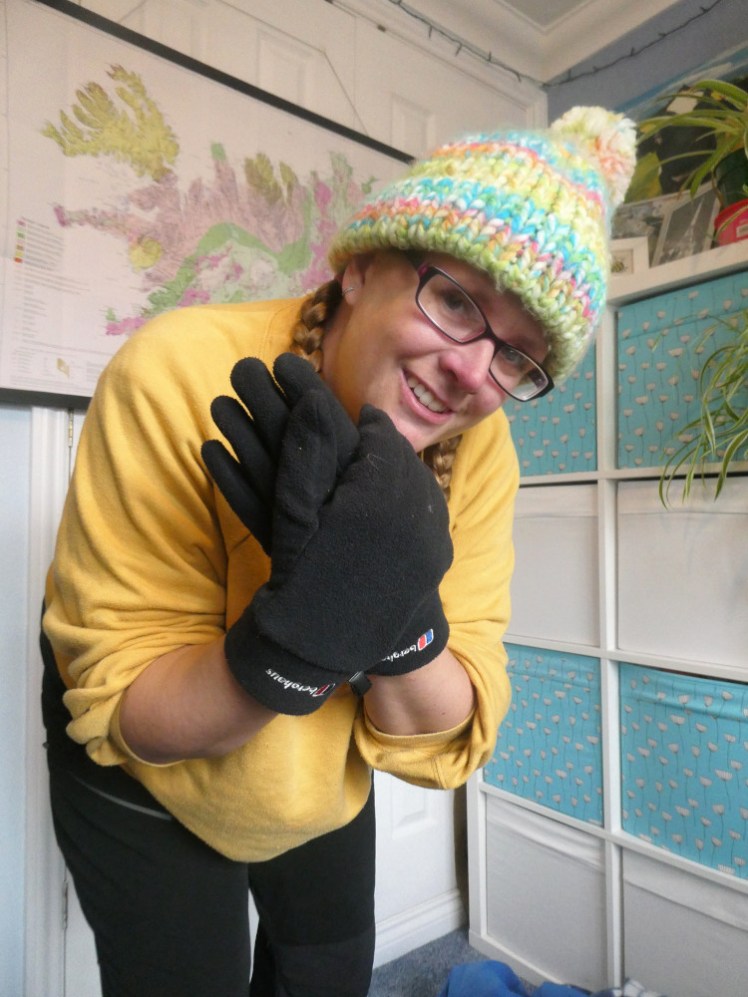 Me in the yellow jumper. I'm wearing a hat in stripes that are both neon and pastel at the same time, with a bobble. The gloves are thick navy fleece.
