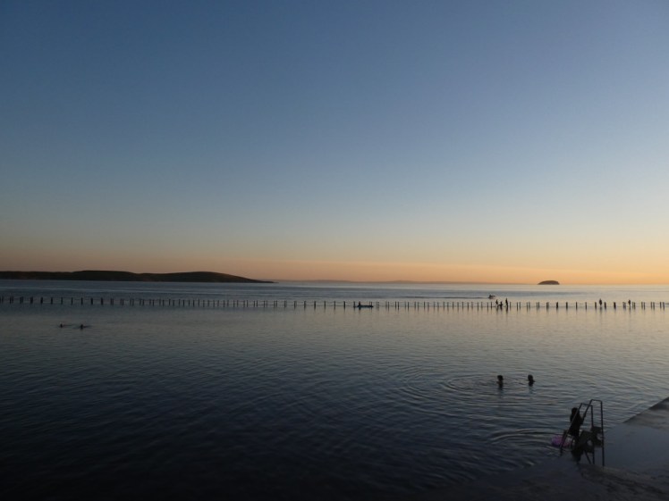 A sunset scene. The sky is dark-ish blue and there's an orange glow on the horizon. To the left is a low ridge of hills that might be South Wales. The rest is filled with seawater. You can make out a line of fence posts, which is the causeway separating the lake from the sea.