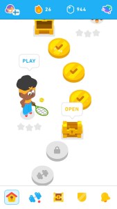 Duolingo's new learning path. A line of circles wiggles its way down the screen. All the ones in the top half are gold and marked with a tick. The lower ones are grey because I haven't done them yet.