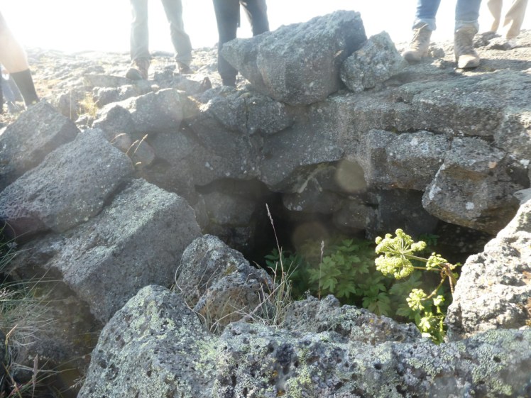 A hole in the blocky lava field, with rocks used to build up the edges of it a little. Plants are growing out of it and it's just about big enough for two people to sit in.