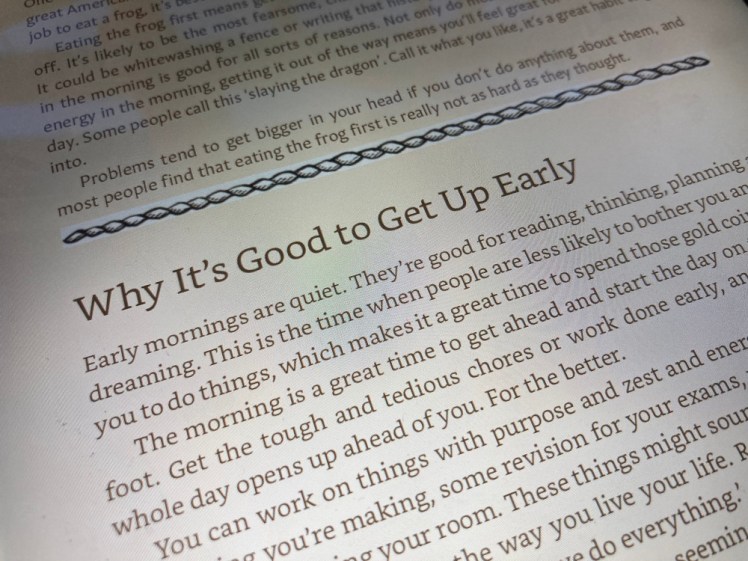 A close-up of the first paragraph of a sub-chapter on Why It's Good To Get Up Early.