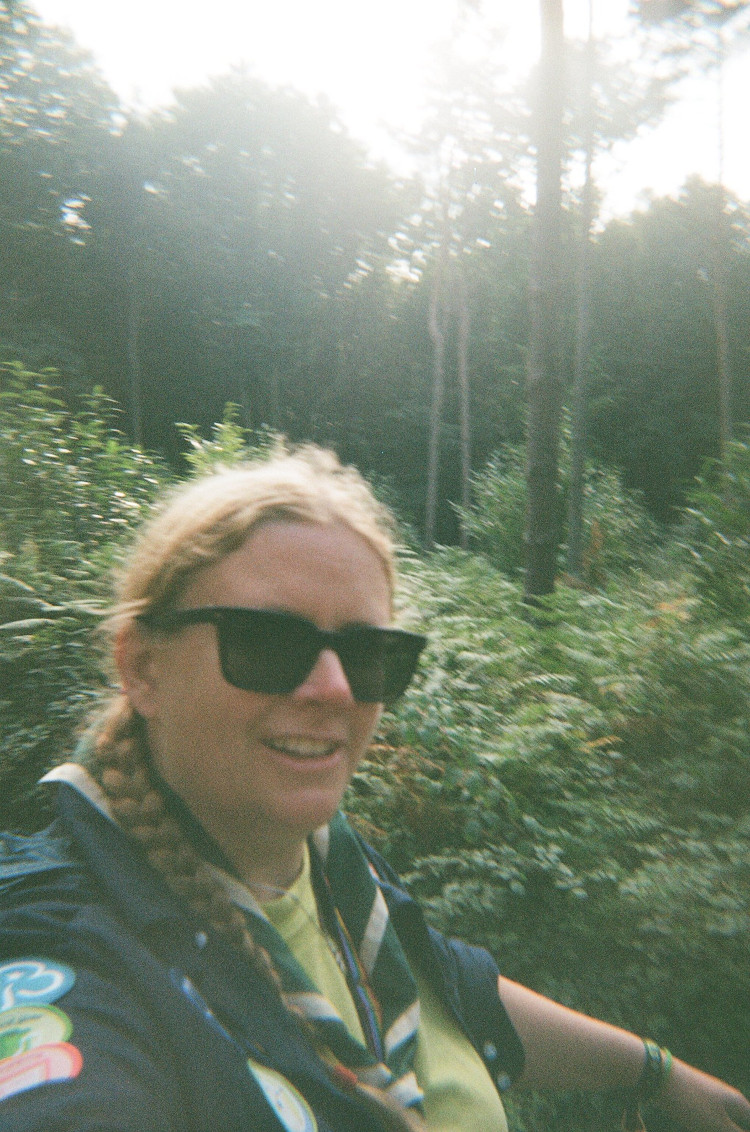 A selfie in the forest, wearing my uniform, including dark green Hawk neckerchief. This is the first of my 35mm film photos - everything after this will be film.