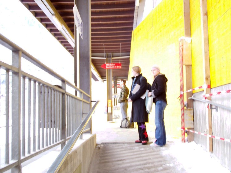 Me and Jemma on the platform at Visp, over-exposed and woefully underdressed