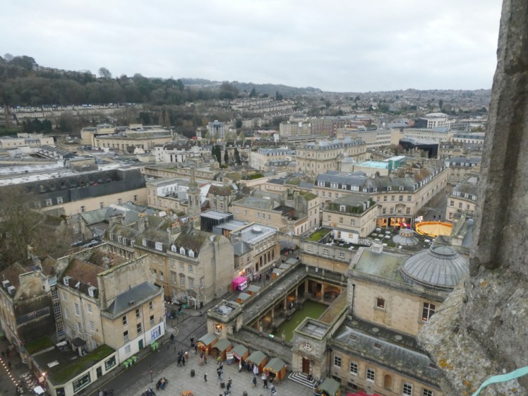 The view from the Abbey tower. Towards the middle of the picture is a splash of bright blue - this is the rooftop pool.