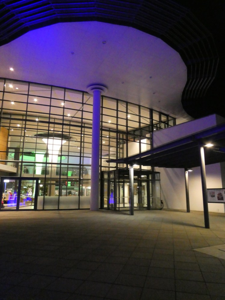 KissSalis by night. It's mostly a single-storey building but with the height of two and the entire front is glass with a roof extending beyond the building and supported by pillars.