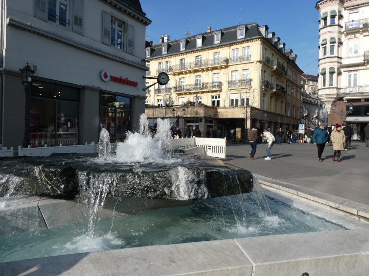 Leopoldsplatz, the main square from which the various roads and routes go off. This one is blocked from traffic by a fountain, a slab of rock with water bubbling enthusiastically out of it and pouring over the edge. The Vodafone shop immediately behind does not quite fit the vibe of this upper-class small town I've been enthusiastically describing!