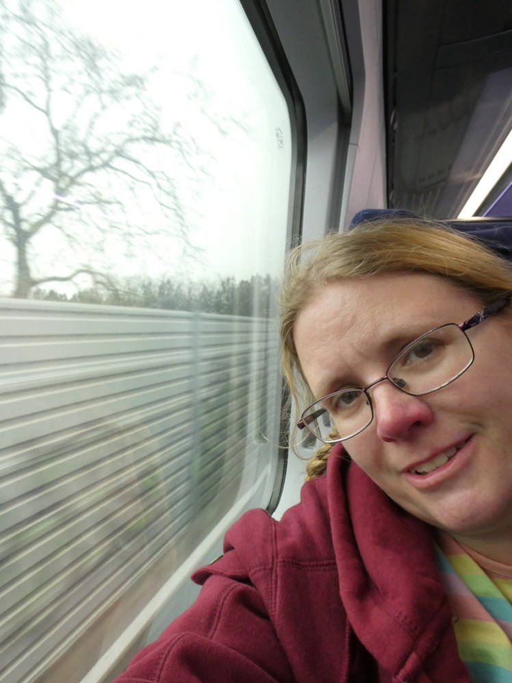 A selfie on the train on day one. The view out of the window is a noise-protecting wall-fence thing in pale grey, so not much in the way of scenery but I look quite happy to be on the train.