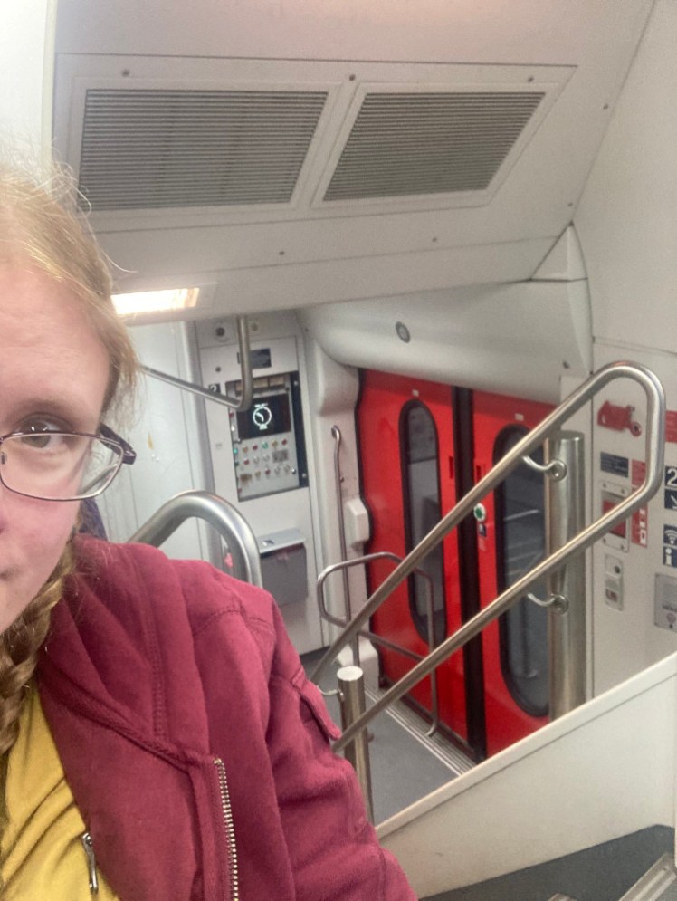 A selfie upstairs on the train from Frankfurt to Limburg. I'm sitting right at the back of the upstairs section so the steps and the door are immediately behind me.