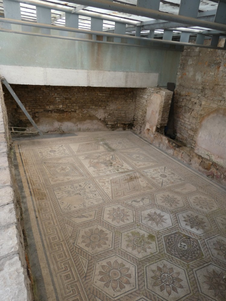 The mosaic as seen through the bars. It's absolutely intact, in shades of brown, made half of hexagons and half of squares, most of them filled with geometric patterns. At the far end and upside down from this point of view is Dirce on the bull's horns.
