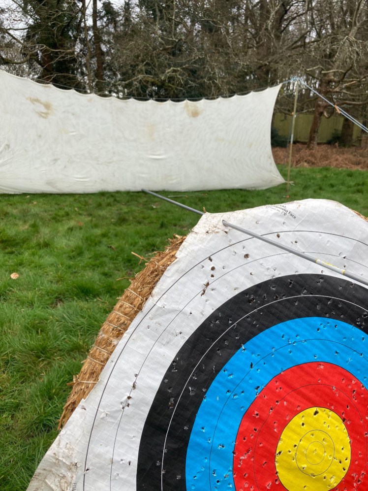 The archery range in question, taken from just above one of the targets, which has an arrow through the edge of the paper face but not actually into the straw target. Behind, you can see a very ineffectual arrow-catching curtain.