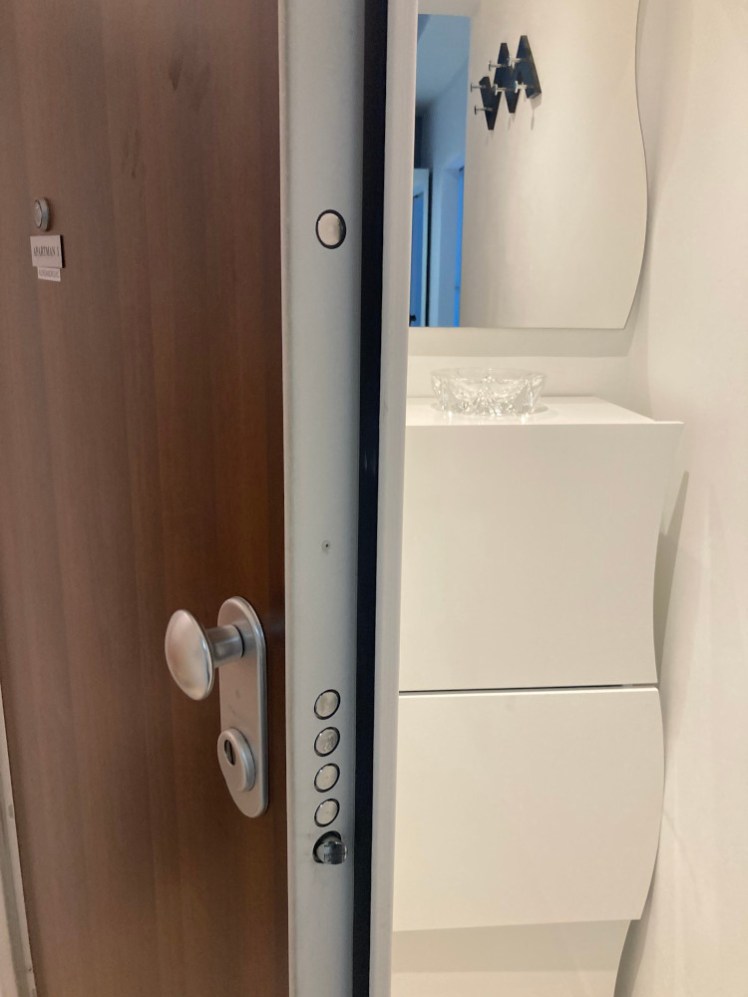 The door - wood laminate, thicker than you expect, with five bolts going across when you lock it and another above it as a separate bolt. Behind it, you can just see the shoe cupboard in my hall.