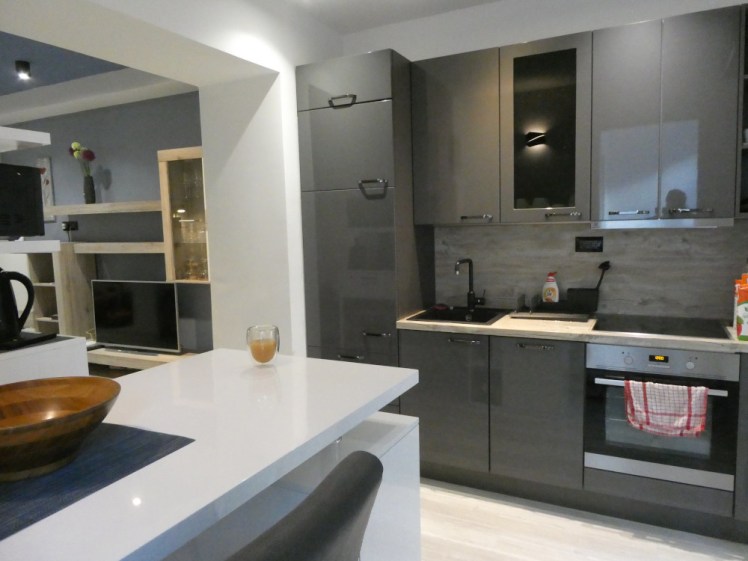 The kitchen, seen from the corner behind the breakfast bar. The cabinets are a shiny grey, concealing firdge, freezer and dishwasher. There's an oven and on the breakfast bar is a fruit bowl and a glass of peach juice.